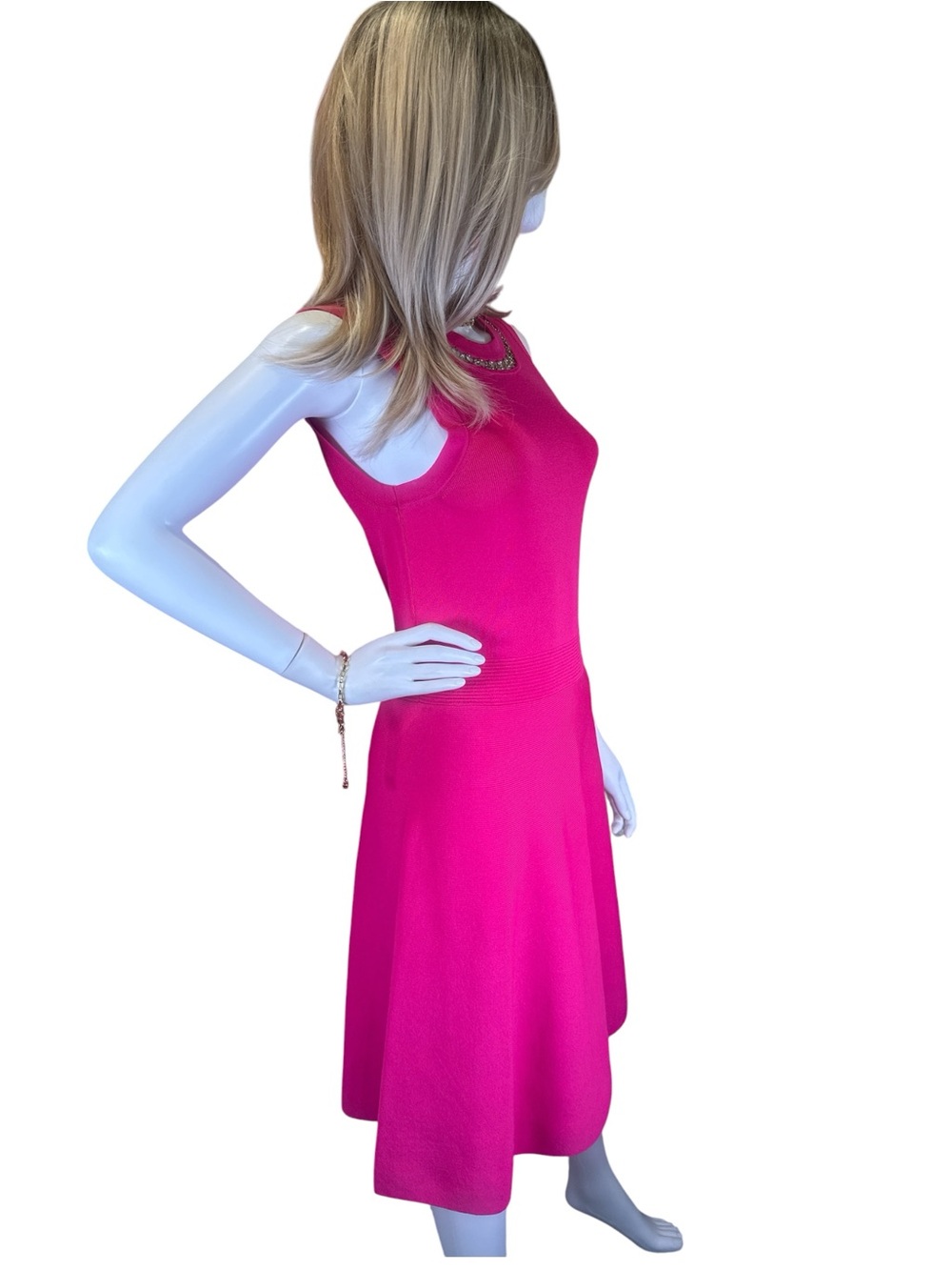 Michael Kors Hot Pink Sleeveless Fit-and-Flare Dress with Chain Neckline - Picture 4 of 11